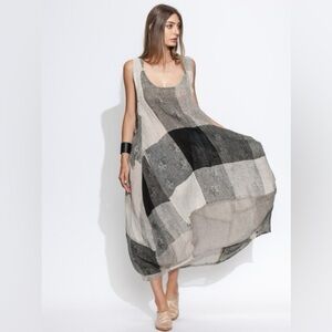 Banana Blue Lagenlook Parachute Linen Dress in Patchwork Sz S Oversized